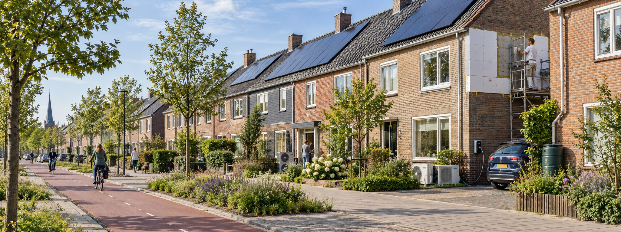 Nederlandse verduurzamingsstraat met zonnepanelen, warmtepompen, gevelisolatie en laadpaal